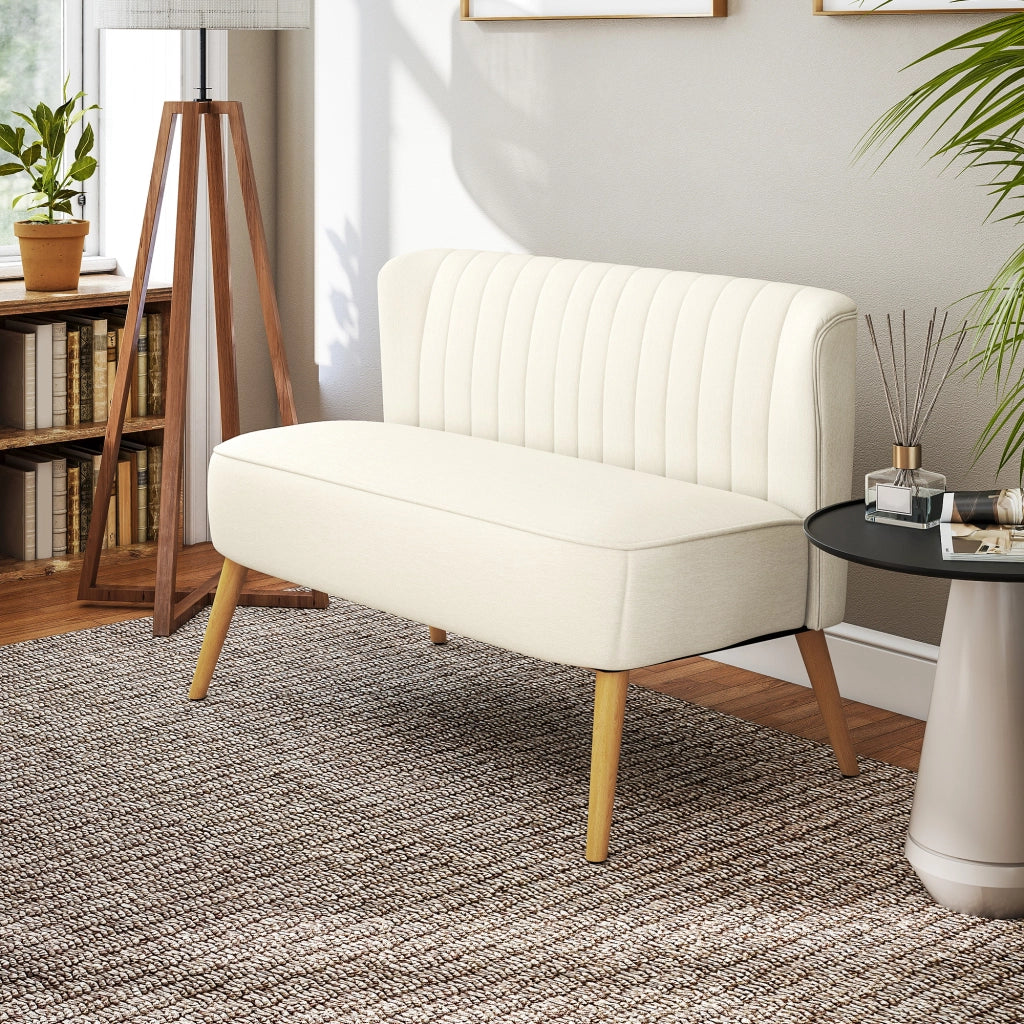 Divano 2 Posti in Tessuto Senza Braccioli ¨C zephmum ¨C Bianco Crema Legno 117x56.5x77 cm