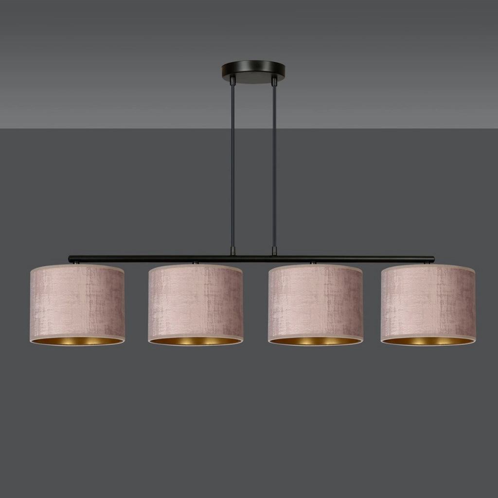 Lampada a sospensione Hilde in acciaio nero e velluto rosa antico