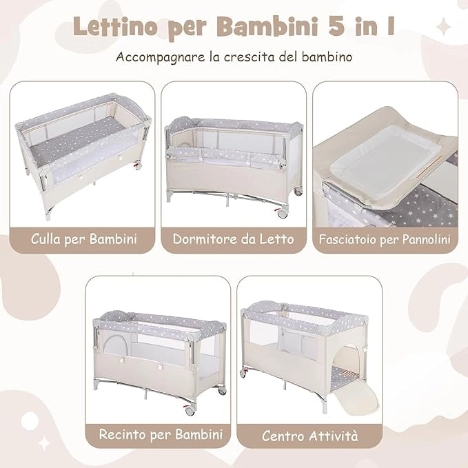 4 in 1 Lettino per Bambini con Materasso, Lettino Culla da Viaggio per Neonati, Culla Neonato con Fasciatoio, Box Portatile Pieghevole, con Ruote e Borsa, 125 x 65 x 119 cm (Beige)