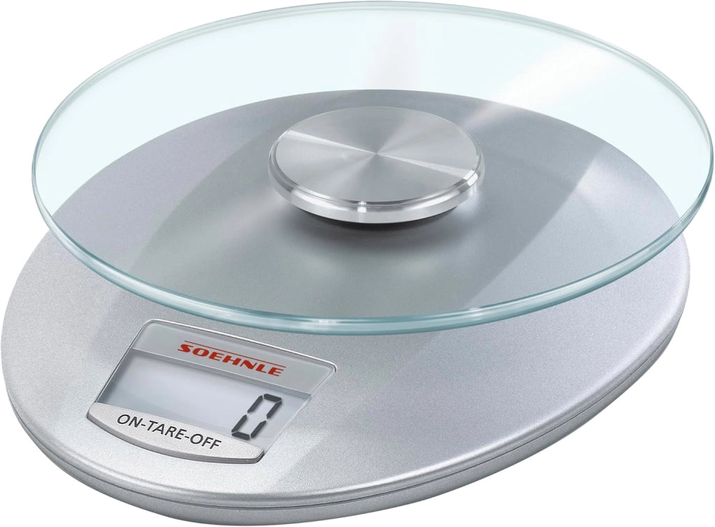 Bilancia da Cucina Digitale Roma Silver con Piatto in Vetro Rimovibile Portata 5 kg Precisione 1 g Display LCD Soehnle