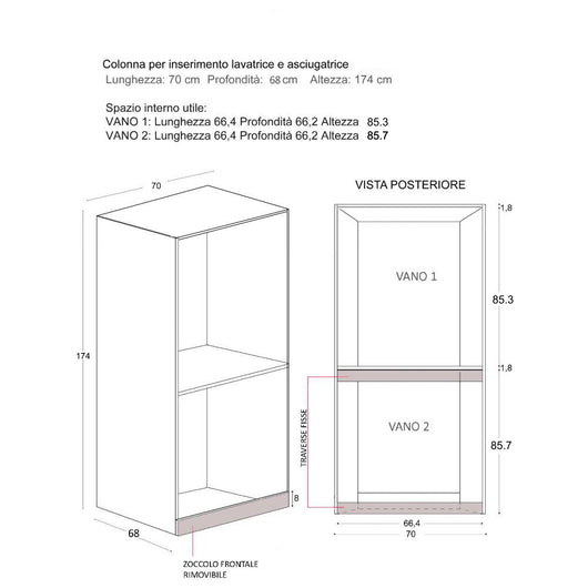 Mobile Lavanderia a Colonna per Lavatrice e Asciugatrice Senza Ante 70x70x174A cm in Nobilitato Unika Bianco Latte