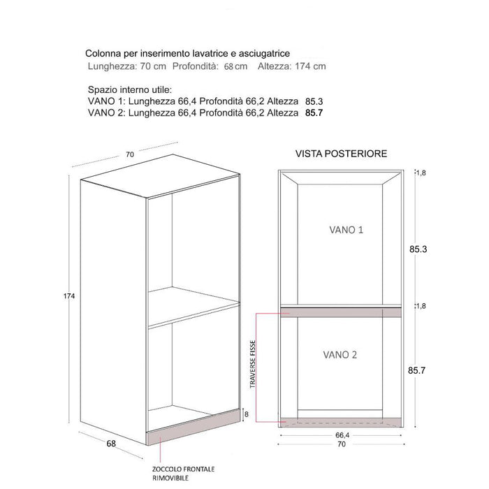 Mobile Lavanderia a Colonna per Lavatrice e Asciugatrice Senza Ante 70x70x174A cm in Nobilitato Unika Grigio Cemento