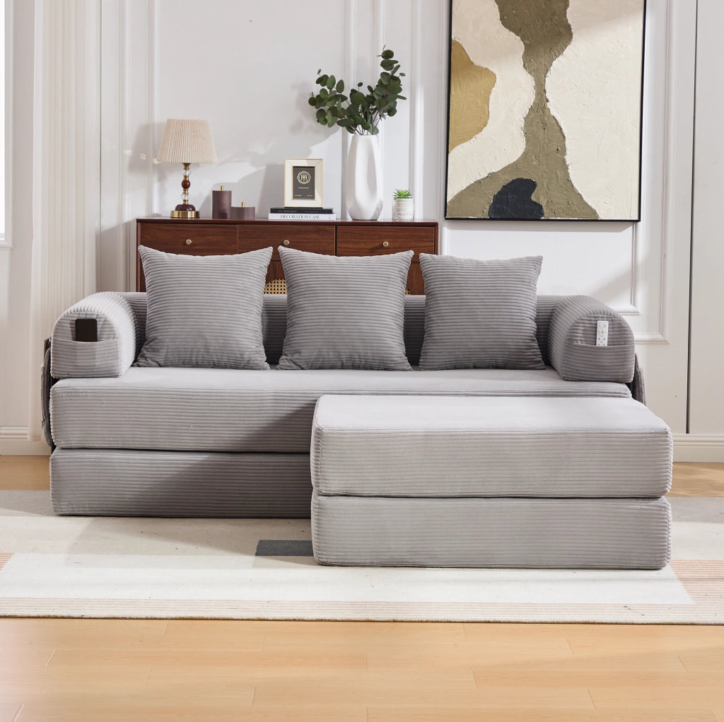 Divano modulare in velluto a coste con pouf, grigio chiaro