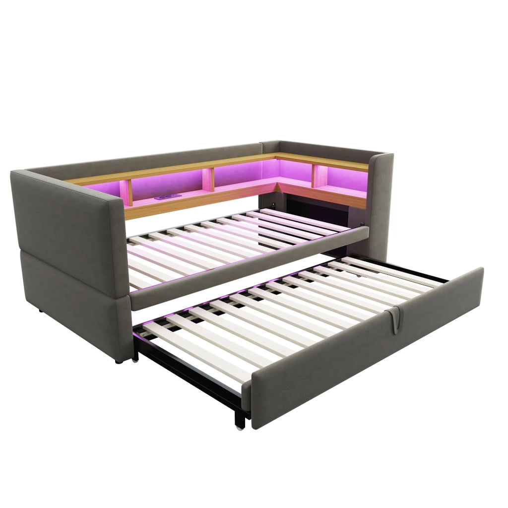Divano letto imbottito convertibile 90/180 x 190 cm con LED, prese elettriche e vani contenitore, grigio scuro