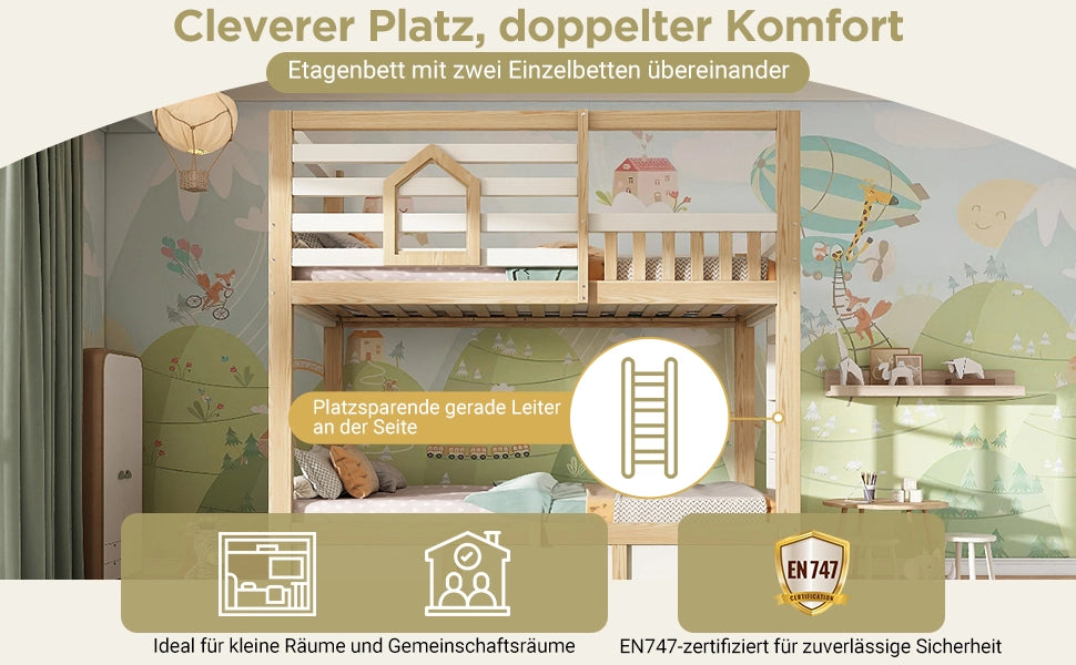 Letto a Castello per Bambini con Contenitore Idraulico ¨C MINIMAL ¨C Bianco/Legno Naturale 90x200