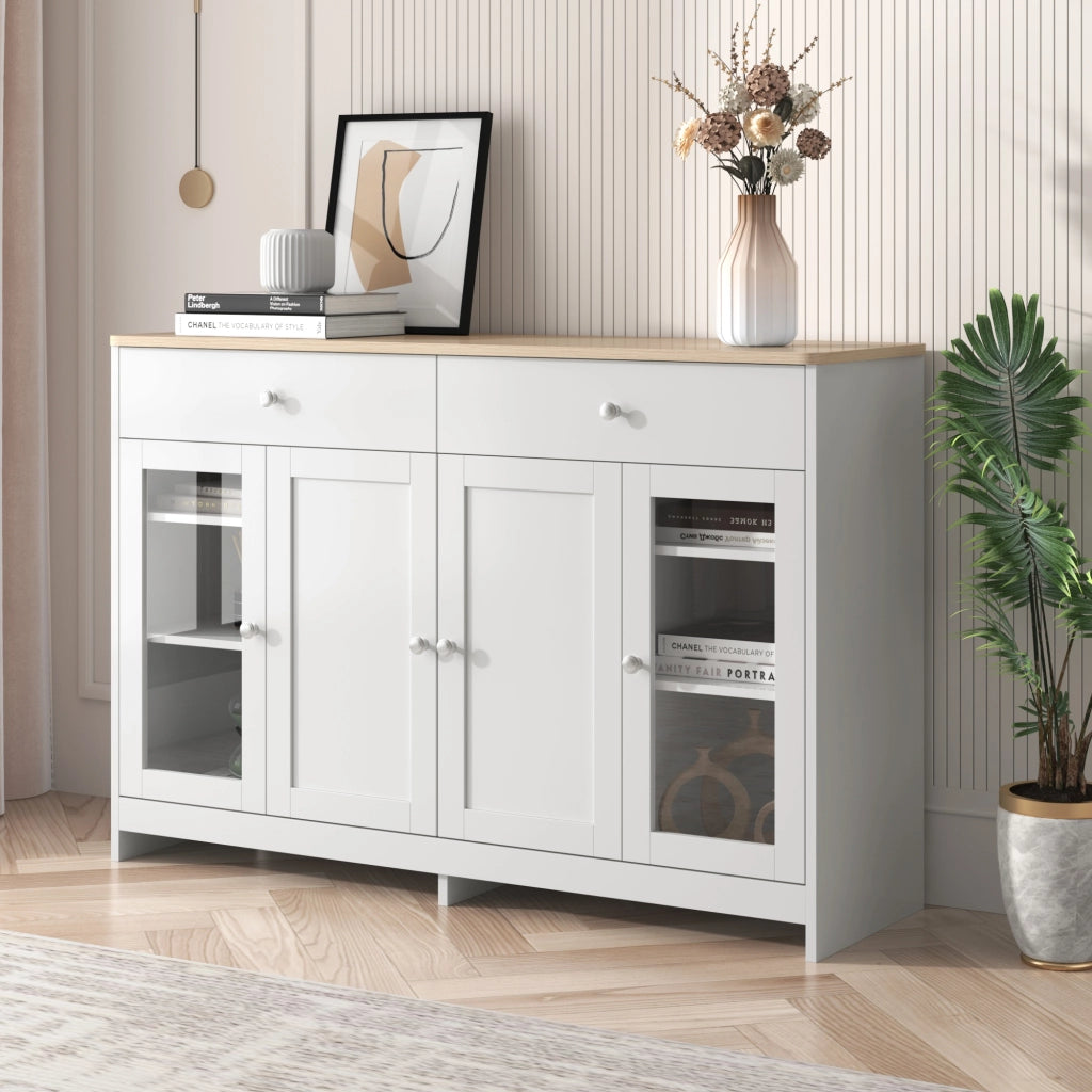 Credenza e Madia con 4 Ante di cui 1 in Vetro; 2 Cassetti e Ripiani Regolabili; Stile Country; in MDF; 120??37??80 cm; Bianco