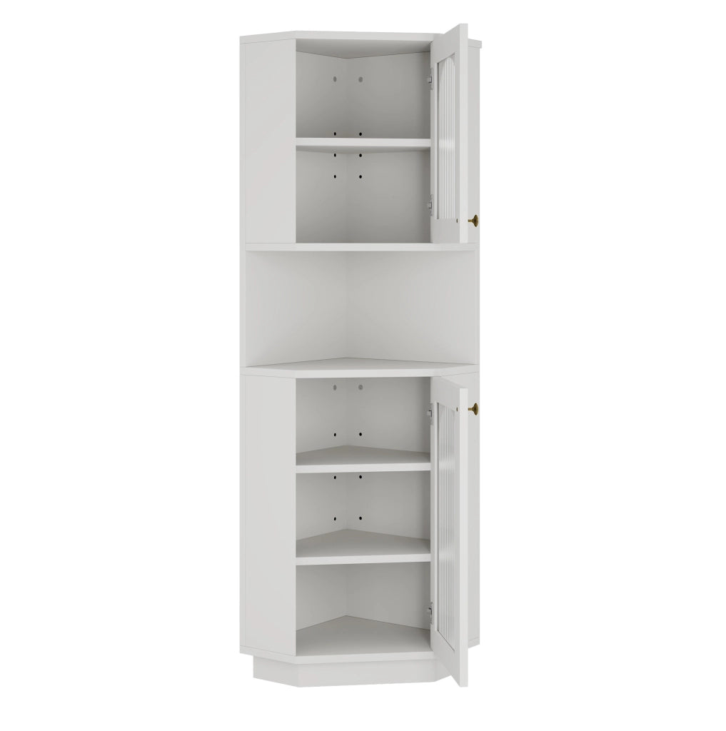 Armadietto ad angolo con luce interna e ripiani aperti in MDF bianco