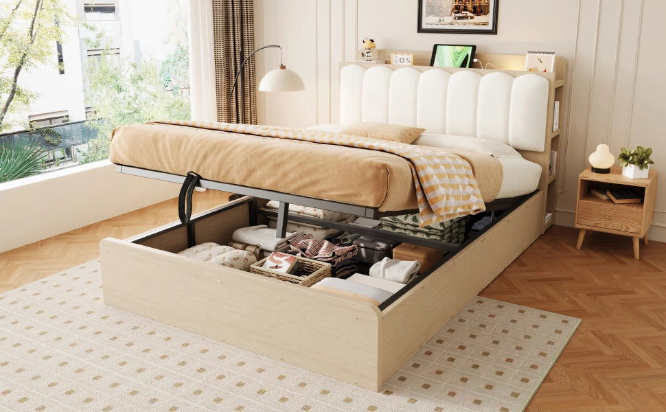 Letto contenitore 140 × 200 cm et 180 × 200 cm con testiera imbottita, USB, luce notturna, senza materasso, naturale
