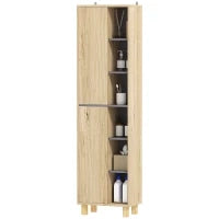 Mobile colonna bagno, armadio bagno con 6 scomparti aperti e 2 armadi, legno naturale