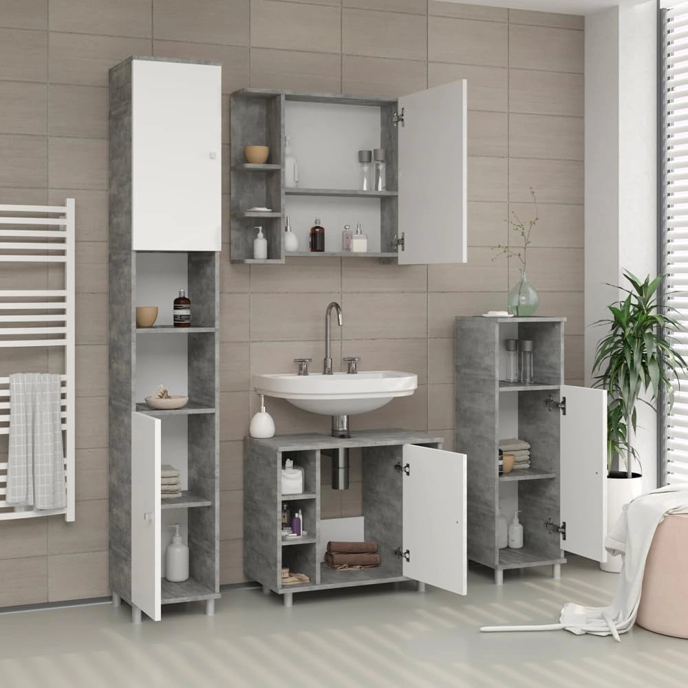 Specchio contenitore bagno Fynn, Calcestruzzo, 79.6 x 64 cm, con specchio e ripiani aperti per montaggio a parete