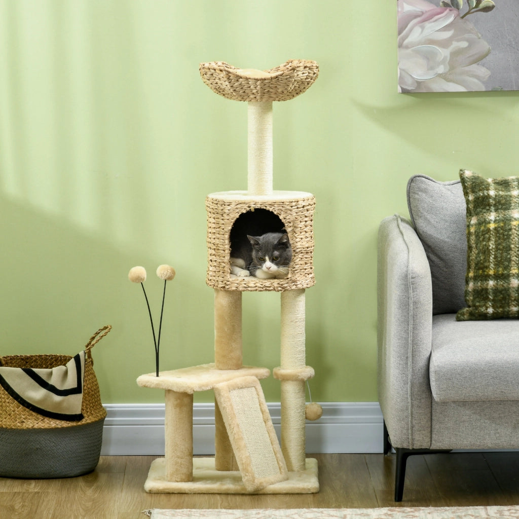 Arbre ¨¤ chat con piattaforme, cesta e pompon ¨C zephmum ¨C beige 116 cm