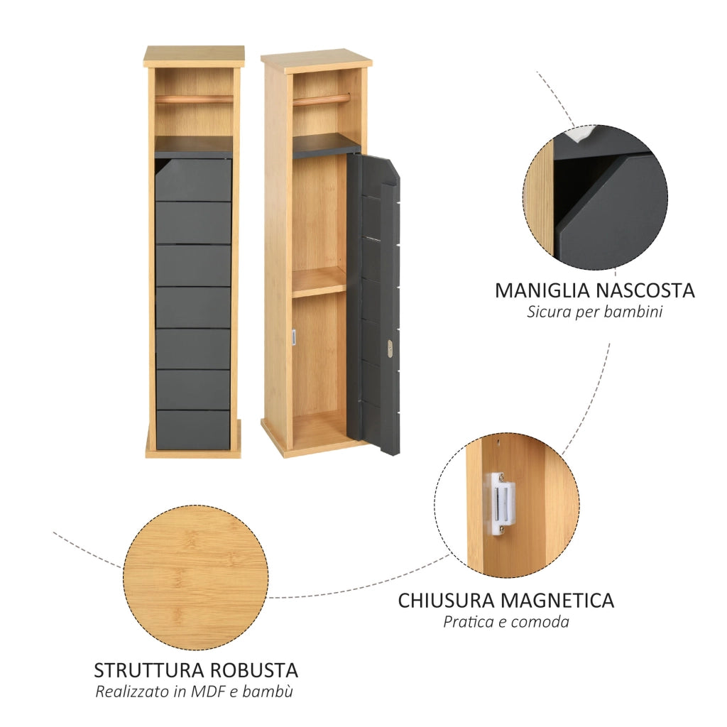 Mobile Bagno a Colonna con Porta Carta Igienica ¨C zephmum ¨C 18x18x75cm, Bamb¨´ e Grigio