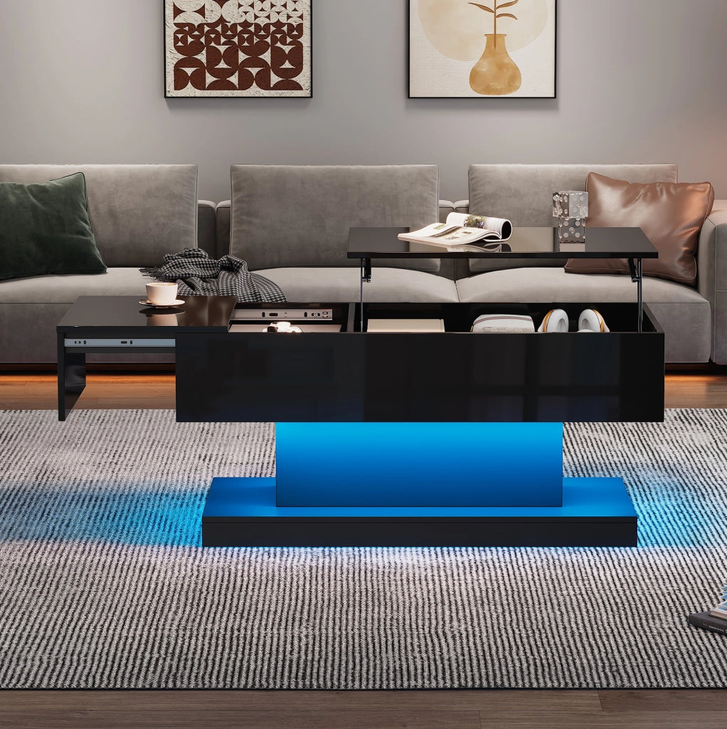 Tavolino da salotto con sollevamento idraulico; LED e contenitore 100x50x45 cm; nero lucido