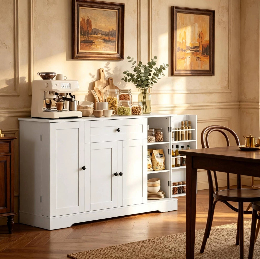 Buffet bianco 140 cm con 4 porte, cassetto ampio e ripiani regolabili
