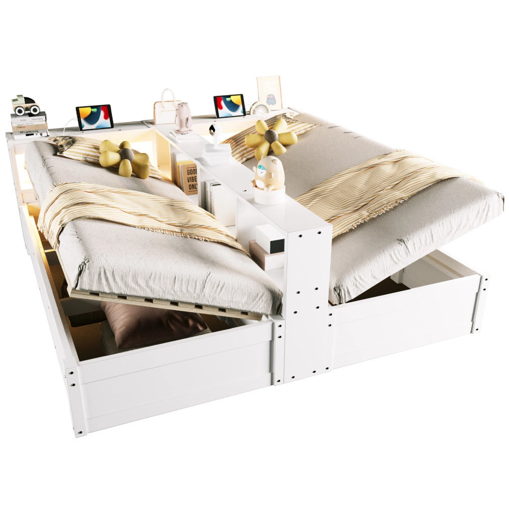 Letto multifunzione 90/180x200 cm bianco con prese integrate; LED e contenitore