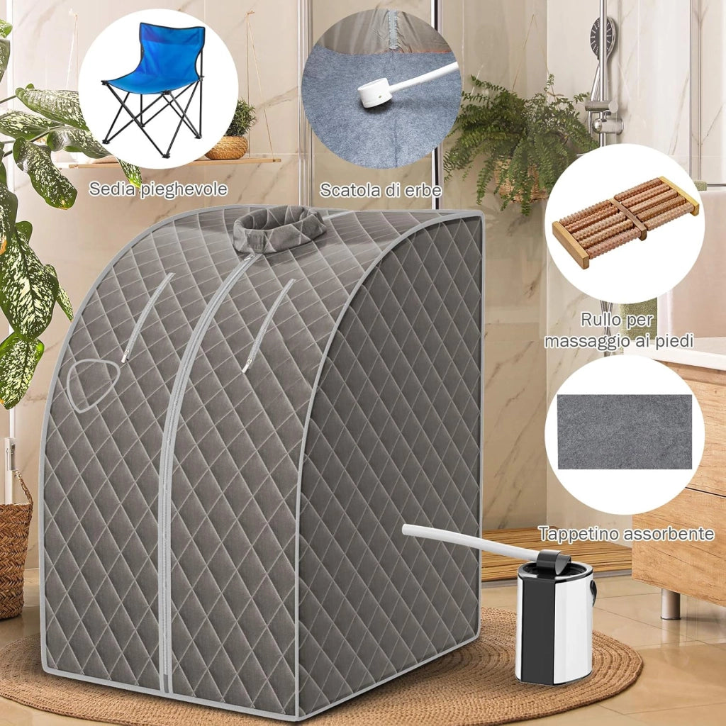 Cabina Sauna a Vapore, Sauna da Casa con Sedia, Telecomando, Timer e Temperatura Regolabili, con Funzione Atomizzazione e Coperchio di Vetro Temperato Antiscoppio (Grigio)