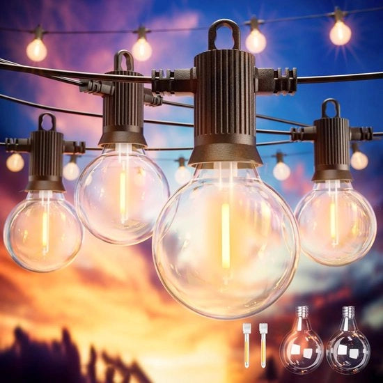 Catenaria esterna da 15 metri, acqua resistente IP65, con 25+2 LED a plastica, illuminazione da tenda regolabile per Natale, matrimoni e feste