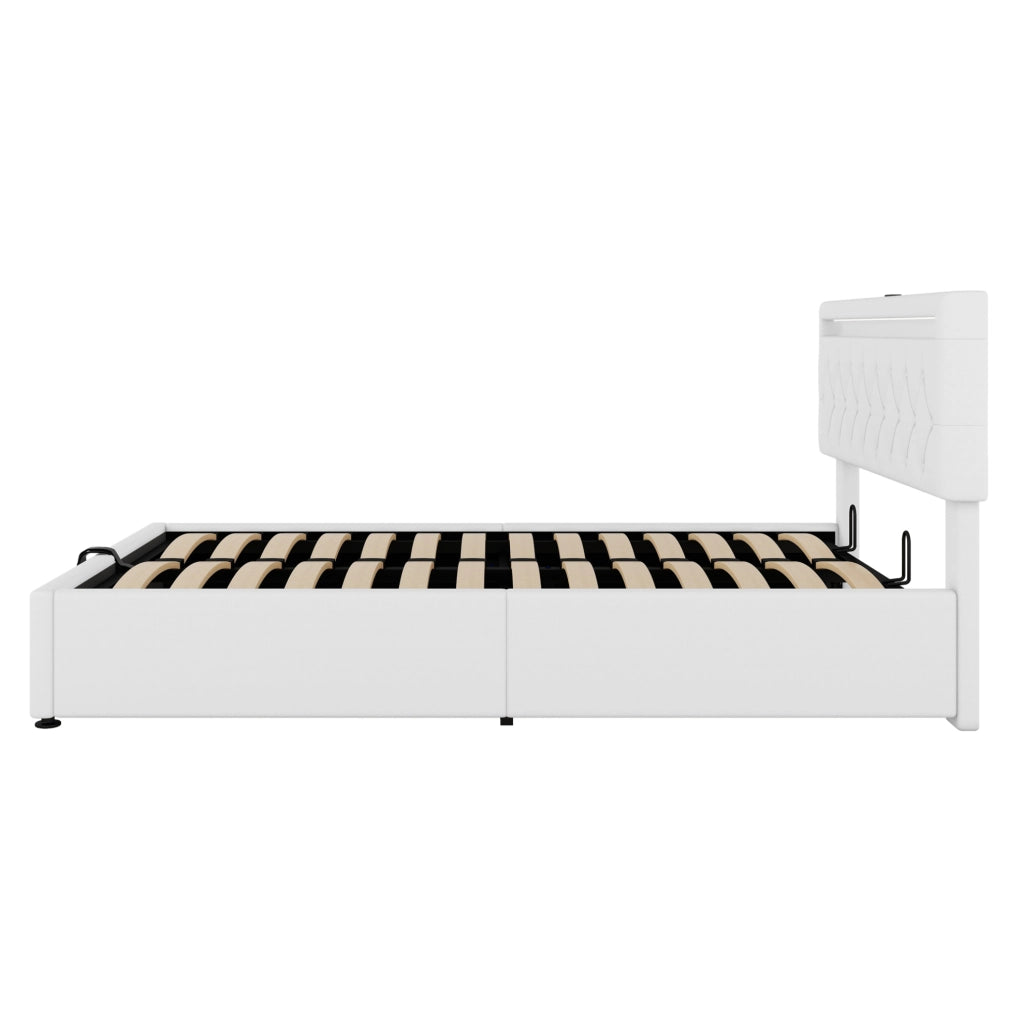 Letto matrimoniale 140x200 cm imbottito con contenitore; LED integrato; porte USB e USB-C; bianco