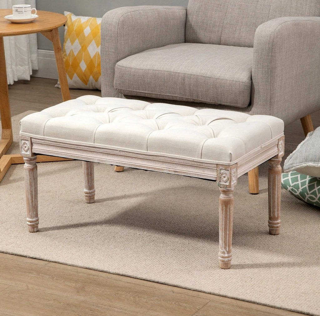 Panca imbottita effetto lino con gambe in legno color crema