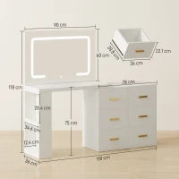Tavolo da Trucco con specchio a LED regolabile, prese elettriche, 6 cassetti, 2 ripiani aperti, Bianco