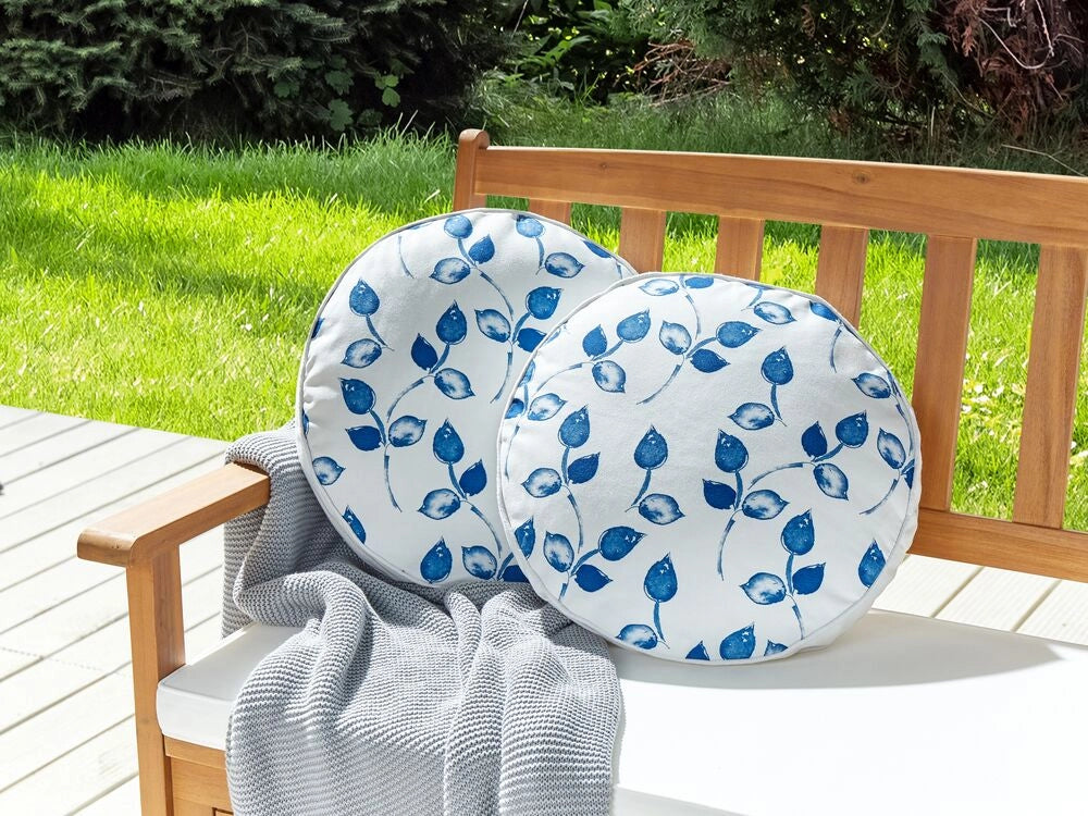 Set di 2 cuscini da giardino in poliestere bianco e blu ⌀ 40 cm Motivo a foglie rotonde Design moderno Cuscino da lancio sparso