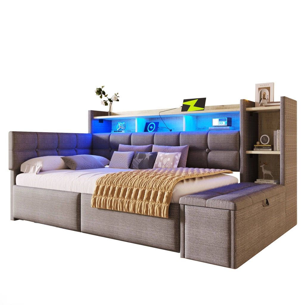 OKWISH Letto a Divano 90×190 cm, Letto Singolo con 2 Cassetti, USB, Tipo C, Mensola e LED Regolabile, senza Materasso, Velluto, Grigio Scuro