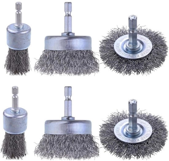 Set di Spazzole a Filo - Spazzole Metalliche - Rimozione Ruggine - Testa a 6 Viti - 6 Pezzi - Grigio
