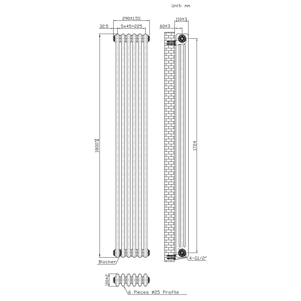 Radiatore 3 Colonne Verticale Metallo Grezzo 1800x290 mm