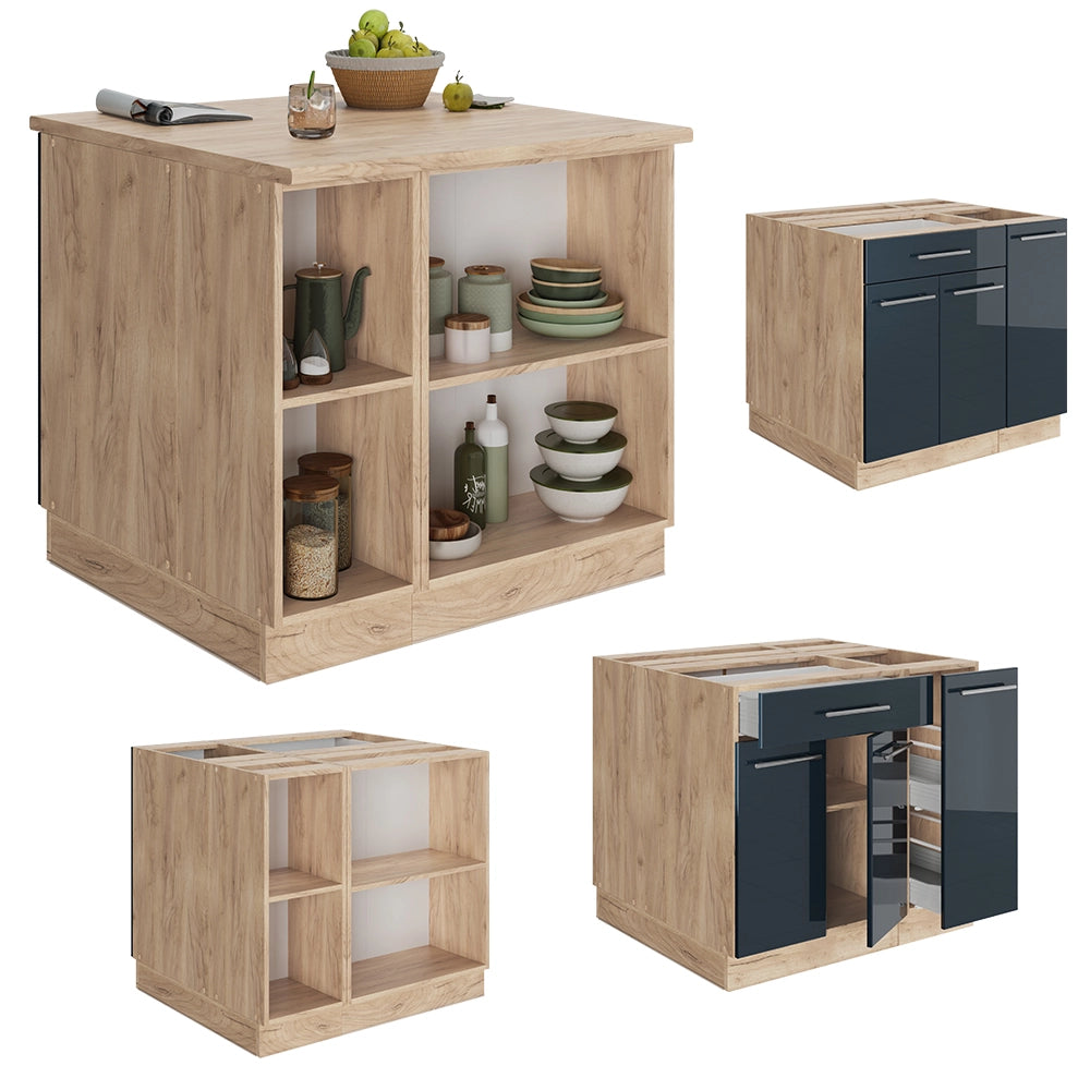 Isola cucina Fame-Line Blu scuro lucido/Rovere dorato 90 cm con cassetto, senza piano di lavoro Vicco