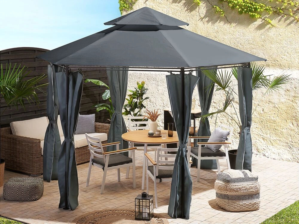 Gazebo da giardino Tende in poliestere grigio scuro Struttura in metallo Nero Mobili da giardino Resistente ai raggi UV