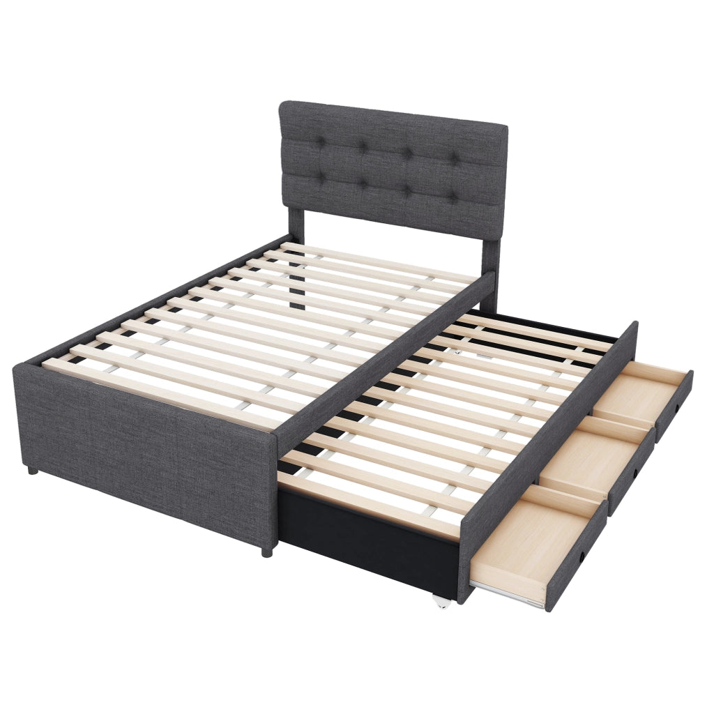 OKWISH Letto Combinato 90×200 cm, Letto Singolo con Letto Estraibile, 3 Cassetti e Testiera Regolabile, senza Materasso, Lino, Grigio