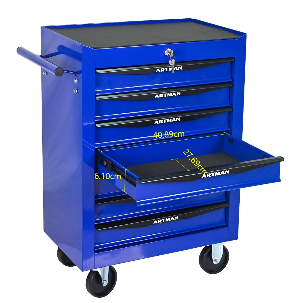 Cassettiera con ruote in acciaio con 7 cassetti e guide a sfere per garage e officina nero e blu 60 × 33 × 77,5 cm