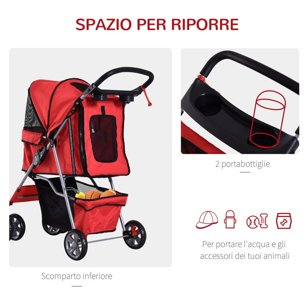 EasyComfort Passeggino per Cani Pieghevole in Tessuto con Cestino e Portabicchieri, 75x45x97cm - Rosso