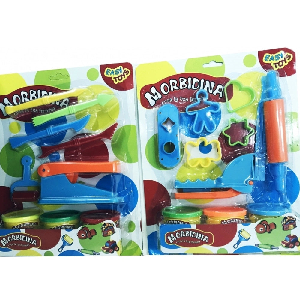 Trade Shop - Set 3 Barattoli Pasta Plastilina Strisce Matterello Rullo Coltellino Modellante -