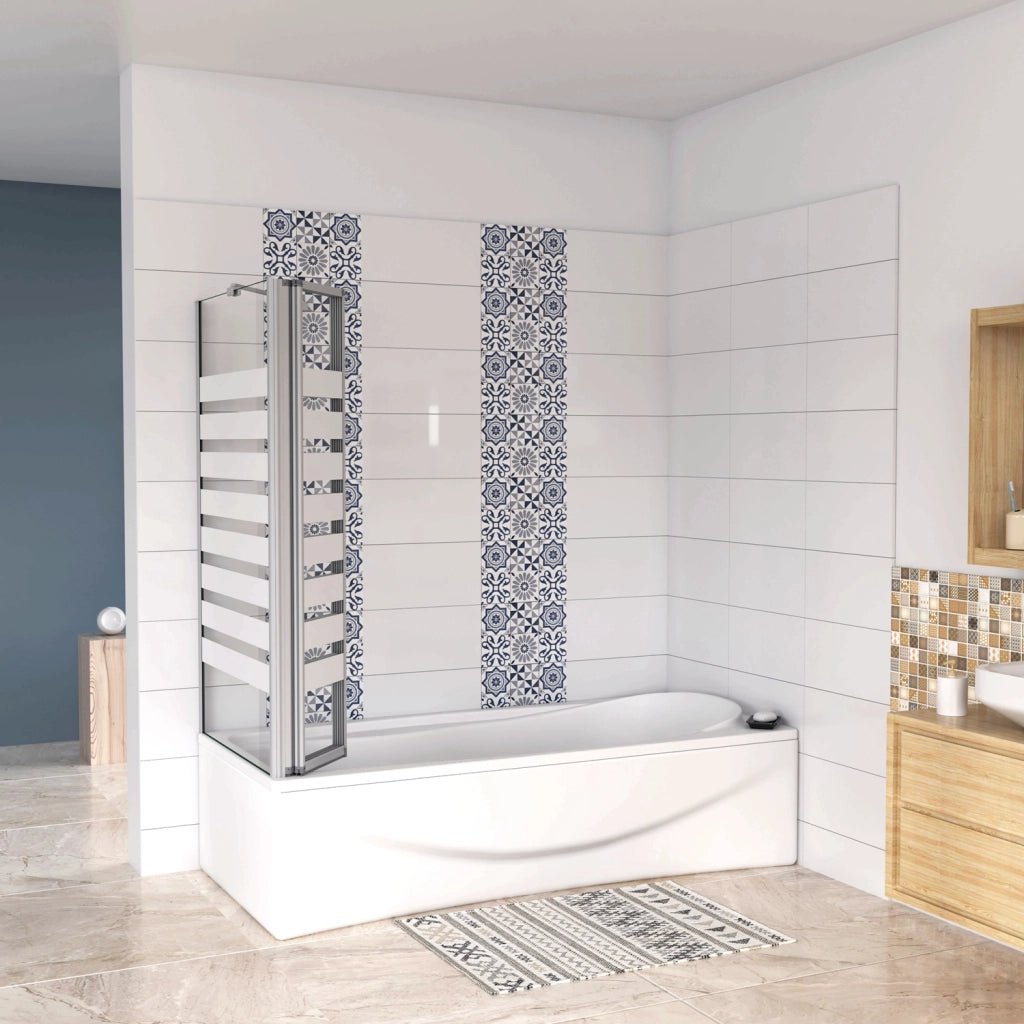Sopravasca 130×140cm Vetro 4mm Temperato Bianco 3 Ante Pieghevoli a Libro con Lato Fisso 65x140 cm Profilo Argento Opaco Verso Sinistro