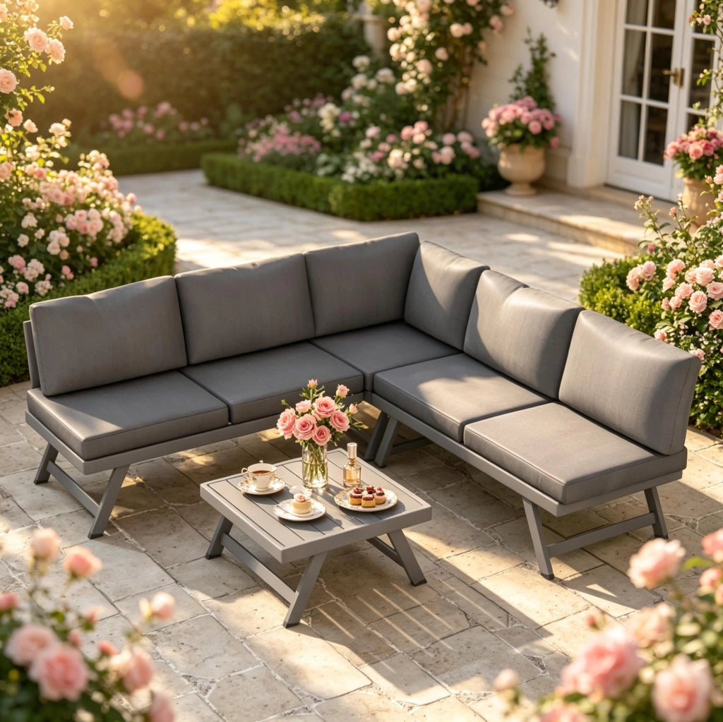 Set salotto da giardino angolare 4 pezzi per 5 persone; grigio; con tavolino in alluminio e acciaio