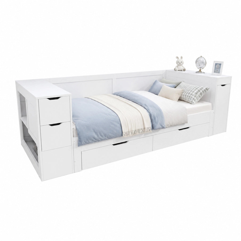 Letto per bambini multifunzione con cassetti e vano contenitore; MDF bianco