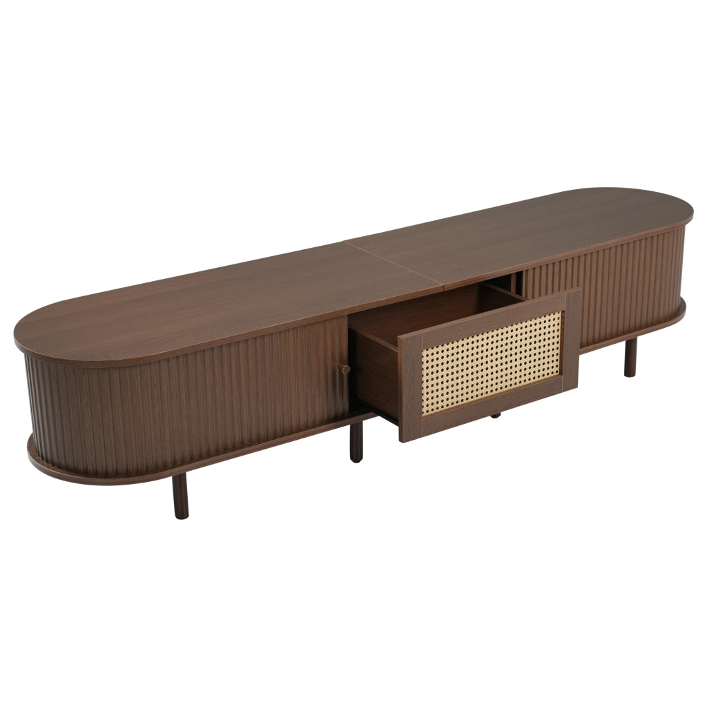 Mobile TV ovale in MDF con finitura noce scuro e dettaglio effetto rattan, 180 cm, 30 kg