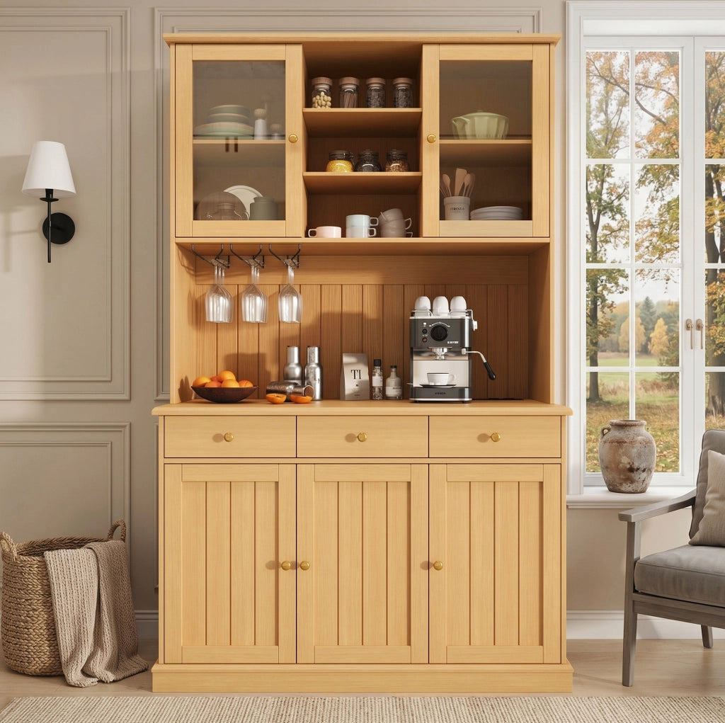 Credenza alta 120x40x191 cm con portabicchieri e prese integrate; truciolare; naturale