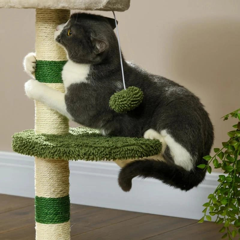 ALBERO TIRAGRAFFI CON LETTINO PER GATTI, 2 PALLINE, PIATTAFORMA E PALO IN SISAL, VERDE E BIANCO