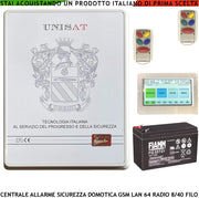Impianto Antifurto Filo Esistente Sostituzione Centrale Unisat 8 Zone Optional 40 Gestita RFID 2 Radiocomandi 868 MHz da APP 8 Aree 50 Utenti Funzioni Programmabili Domotica GSM/GPRS Batteria 12 V 7Ah