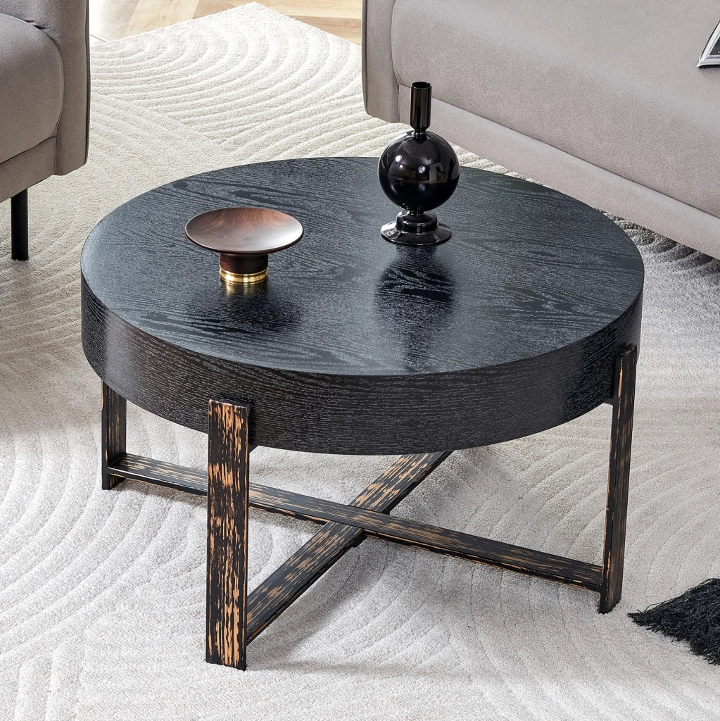 Tavolino laterale rotondo ? 68 x 39 cm con struttura stabile; MDF e metallo nero