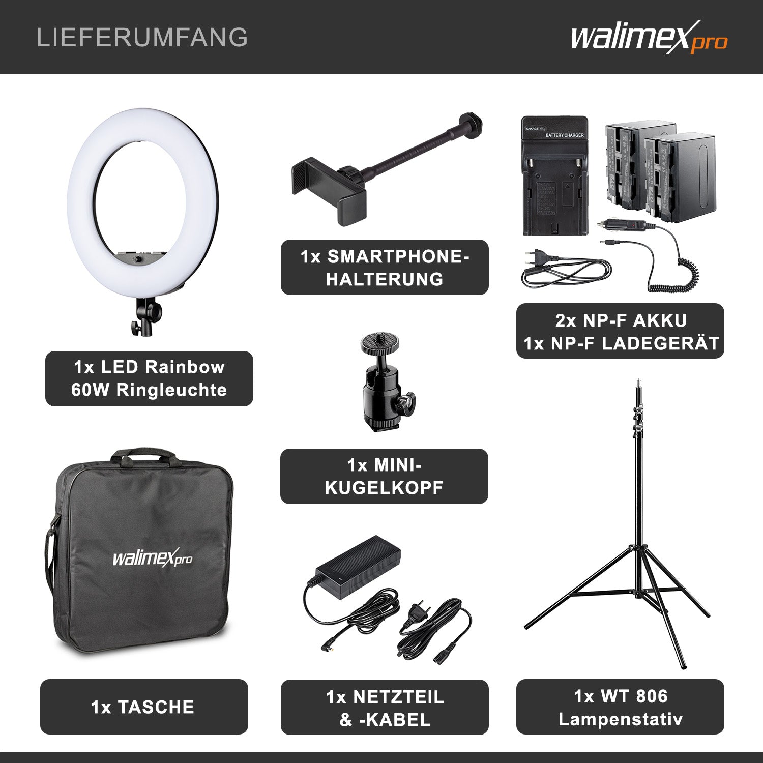 Ring light a LED Rainbow RGB da 60 W con cavalletto fotografico e 2 batterie, Luce ad anello per foto e video con supporto smartphone e controllo tramite app