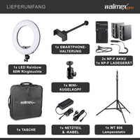 Ring light a LED Rainbow RGB da 60 W con cavalletto fotografico e 2 batterie, Luce ad anello per foto e video con supporto smartphone e controllo tramite app