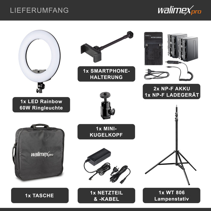 Ring light a LED Rainbow RGB da 60 W con cavalletto fotografico e 2 batterie, Luce ad anello per foto e video con supporto smartphone e controllo tramite app