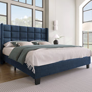 Letto matrimoniale imbottito 140x200 cm con rete a doghe e testiera alta; rivestimento in lino blu