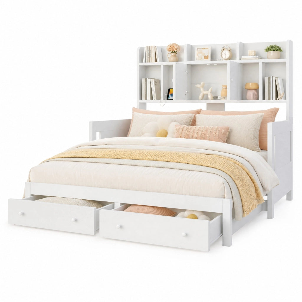 Divano letto estraibile in legno 90x190 cm; con cassetti; vani contenitore e LED; bianco