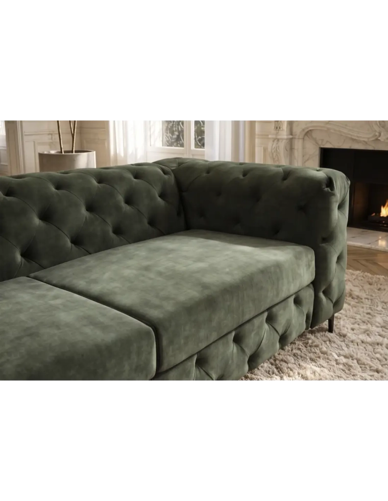 Divano dritto VELENA 3 posti in velluto capitonné - Verde scuro - 235 x 74 x 95 cm