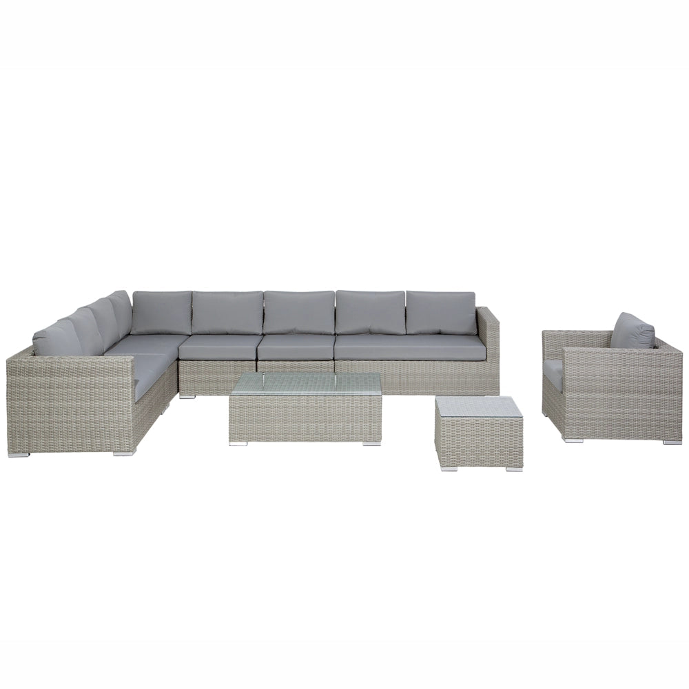 Set di divani ad angolo da giardino cuscini in rattan sintetico grigio 8 posti con tavolo e poltrona set di conversazione