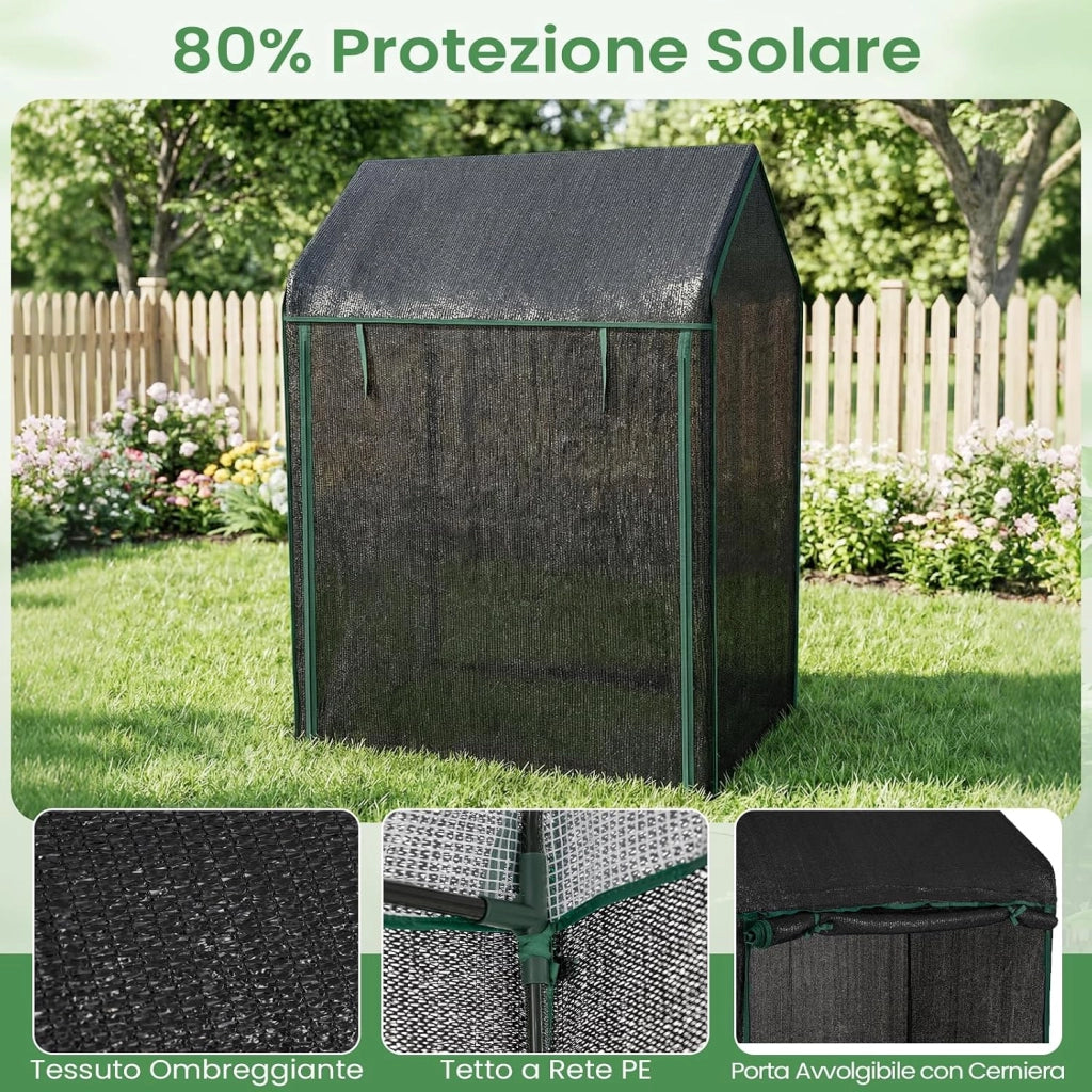 Mini Serra da Esterno ed Interno 129 x 80 x 173 cm, Serra per Pomodori con Copertura Trasparente in PVC, Rete per Ombreggiatura, Porta e Finestre, Ideale per Giardino, Cortile e Terrazzo